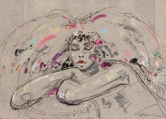 "Sarah pensierosa", ritratto di donna con le braccia incrociate e gli occhi chiusi, pittura a tecnica mista