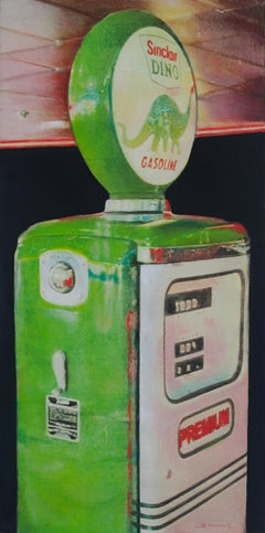 "Sinclair Dino #2", Green Vintage Gasoline Pump Vertical Mixed Media Painting