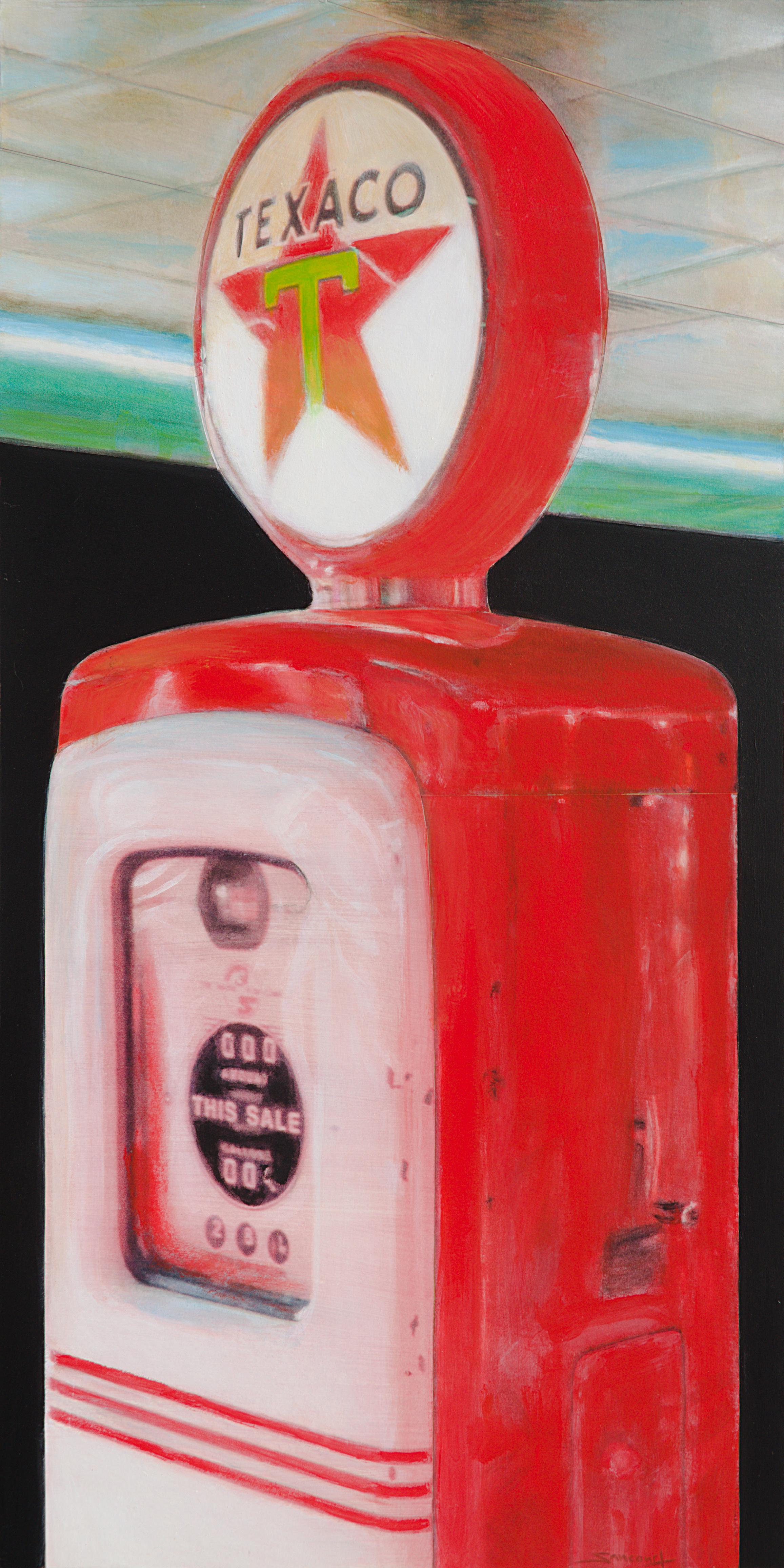 "Texaco #1", Red Vintage Gasoline Pump Vertical Mixed Media Painting - Mixed Media Art by Philippe Saucourt