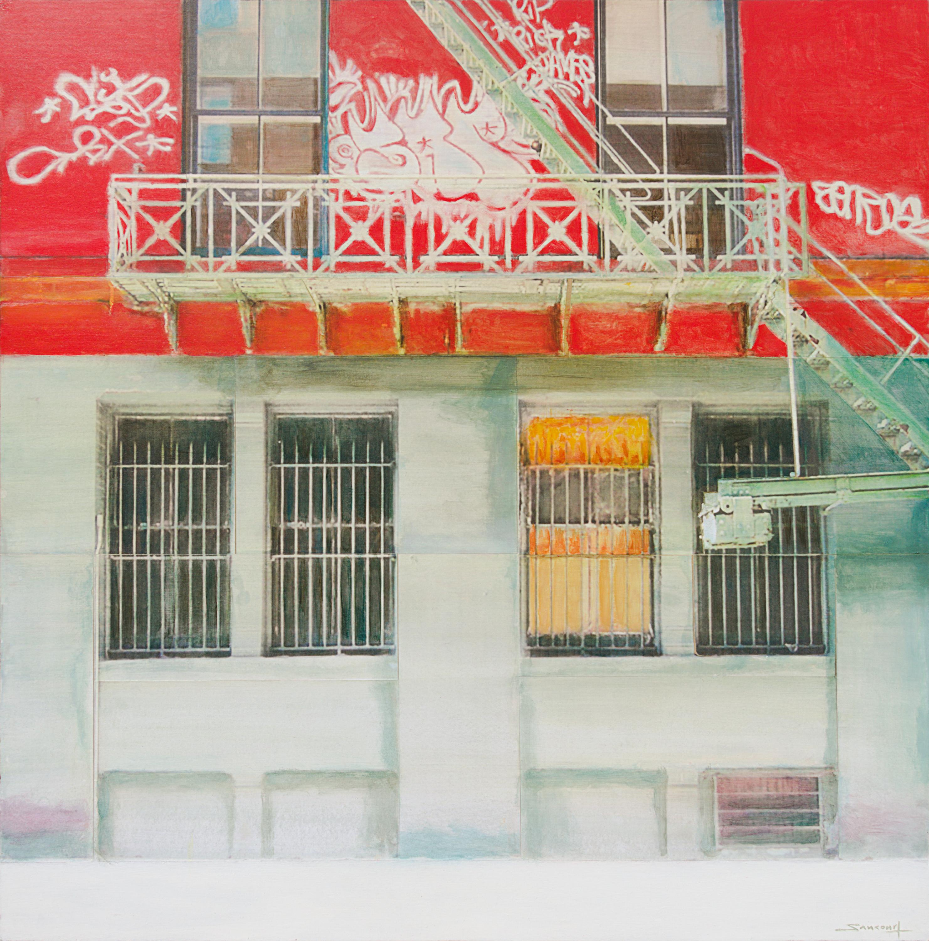 Landscape Painting Philippe Saucourt - « New York Street », mur blanc et rouge peint à l'aérographe avec vitrine en métal