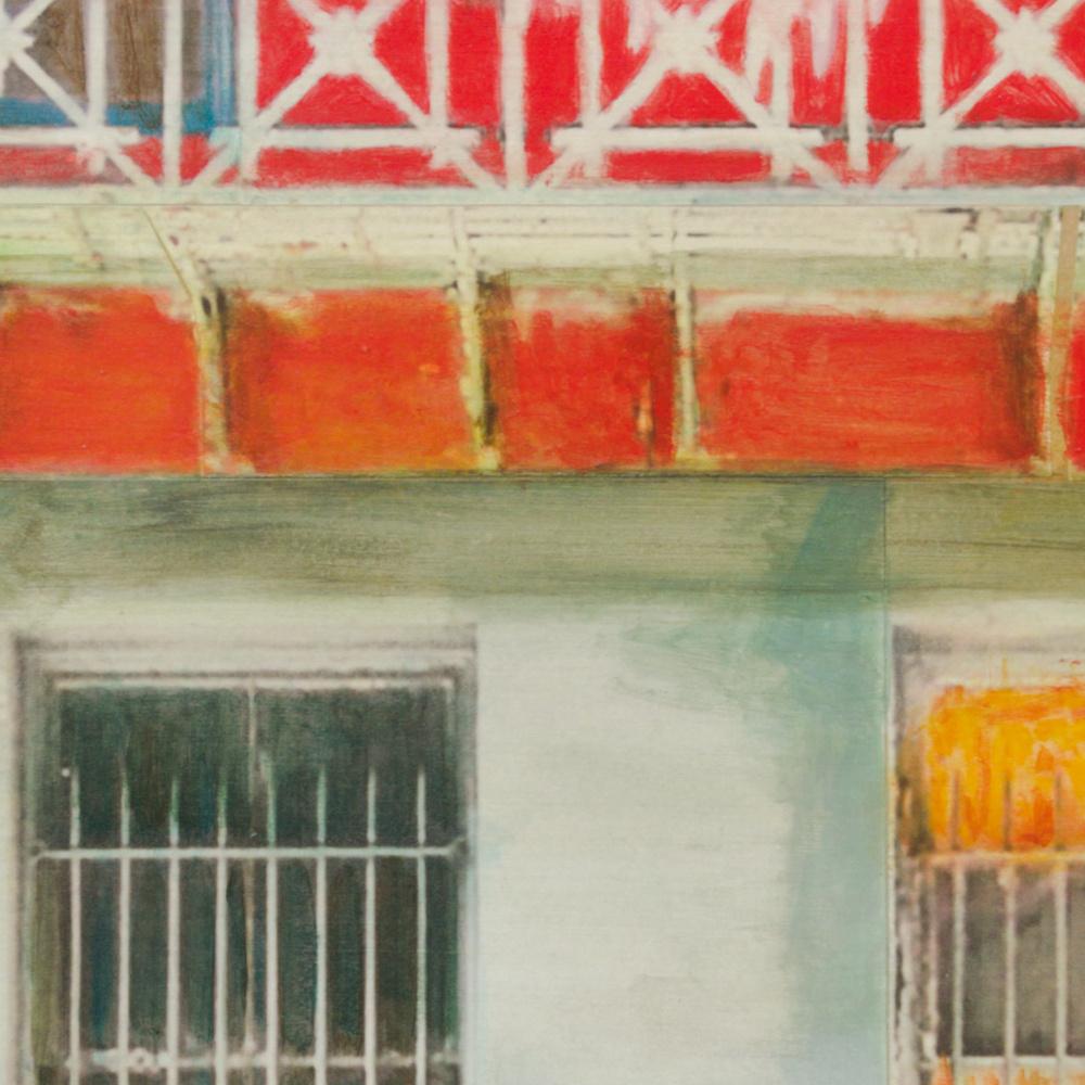 « New York Street », mur blanc et rouge peint à l'aérographe avec vitrine en métal en vente 5