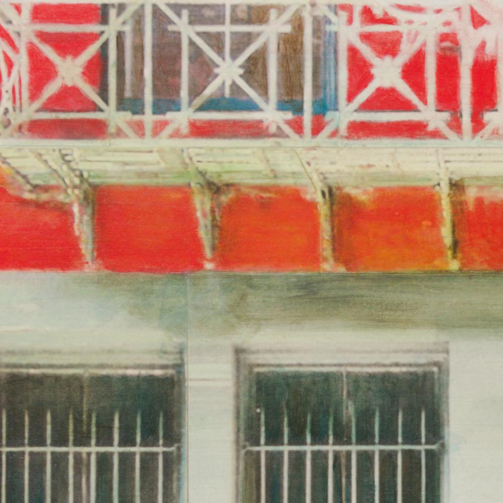 « New York Street », mur blanc et rouge peint à l'aérographe avec vitrine en métal en vente 6