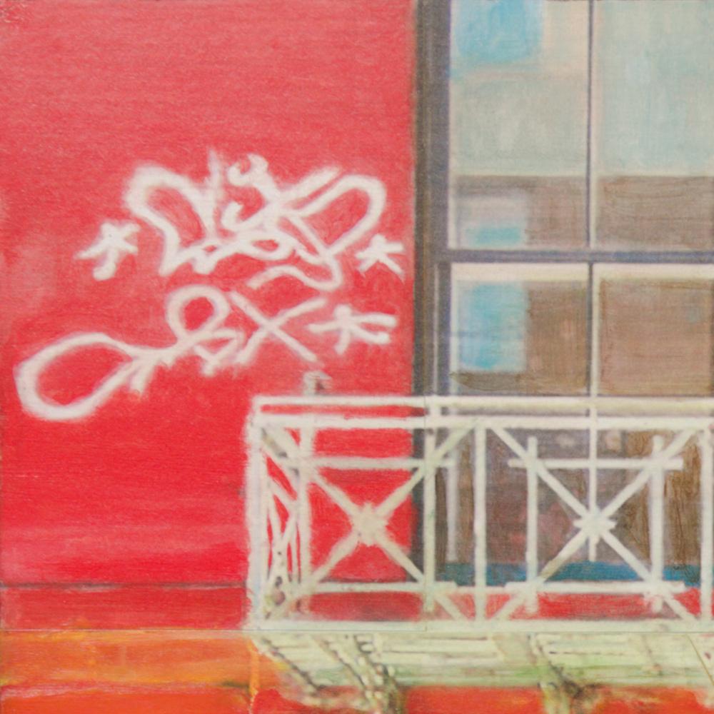 « New York Street », mur blanc et rouge peint à l'aérographe avec vitrine en métal en vente 8