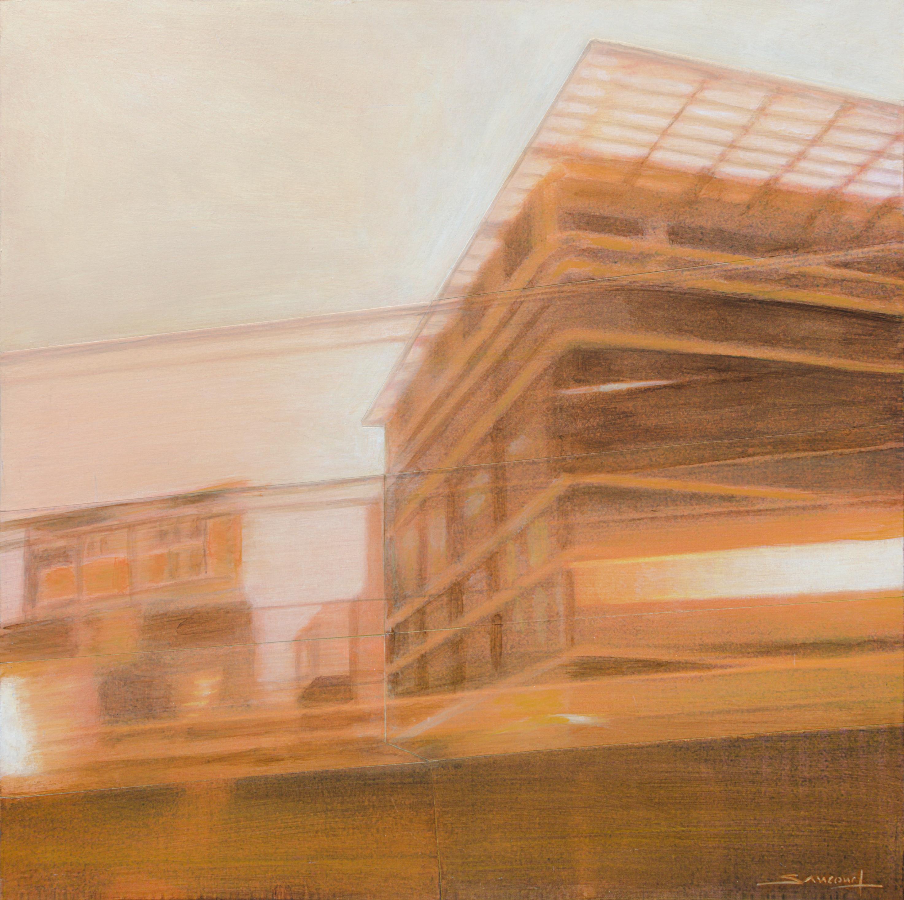 "Night Train #13 (Early Morning)", Sepia Urban Landscape Mixed Media Painting