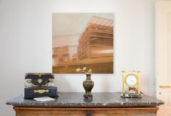 "Treno notturno #13 (mattina presto)", pittura a tecnica mista di un paesaggio urbano in seppia