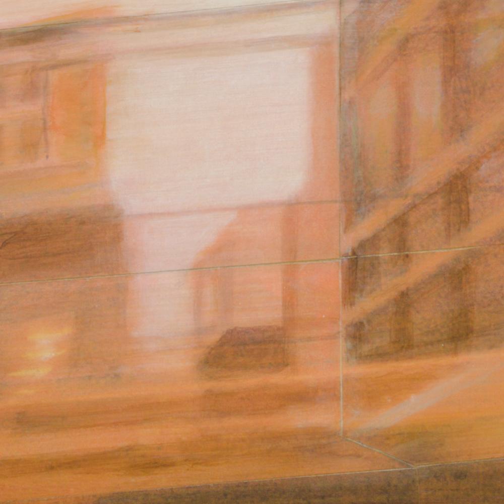 This artwork depicts an urban landscape in sepia tones.

This piece was created with a mixed technique of acrylic painting on photograms on paper mounted on a wood panel.  Some edges of the paper cuts are left visible.

Philippe Saucourt is a