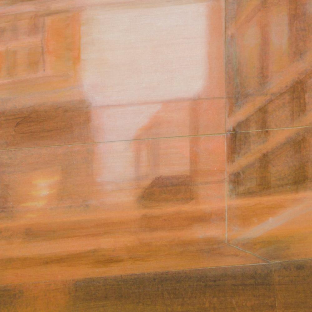 « Night Train #13 (Early Morning) », peinture de paysage urbain en techniques mixtes de Sepia en vente 2