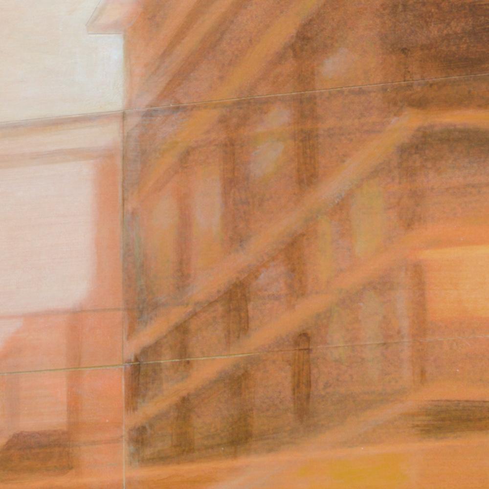 « Night Train #13 (Early Morning) », peinture de paysage urbain en techniques mixtes de Sepia en vente 6