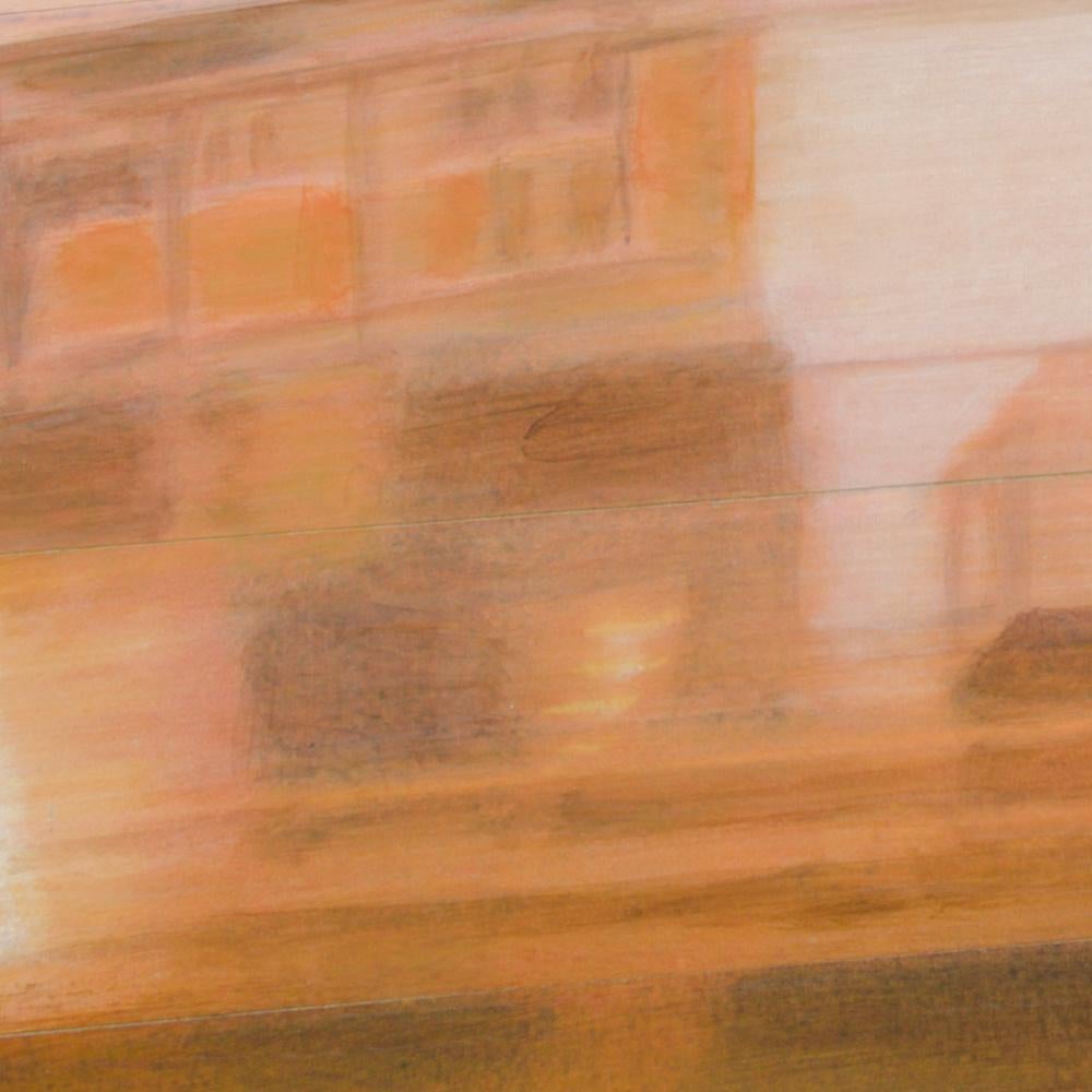 « Night Train #13 (Early Morning) », peinture de paysage urbain en techniques mixtes de Sepia en vente 8