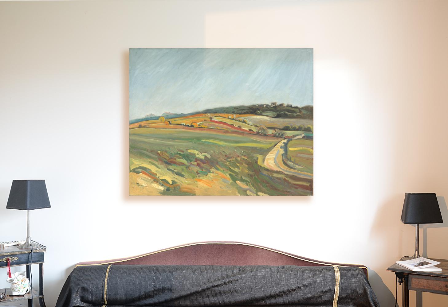 Peinture à l'huile impressionniste de paysage rural « From the Field to the Red Hill » (De la terre au terrain rouge) - Painting de Yves Calméjane