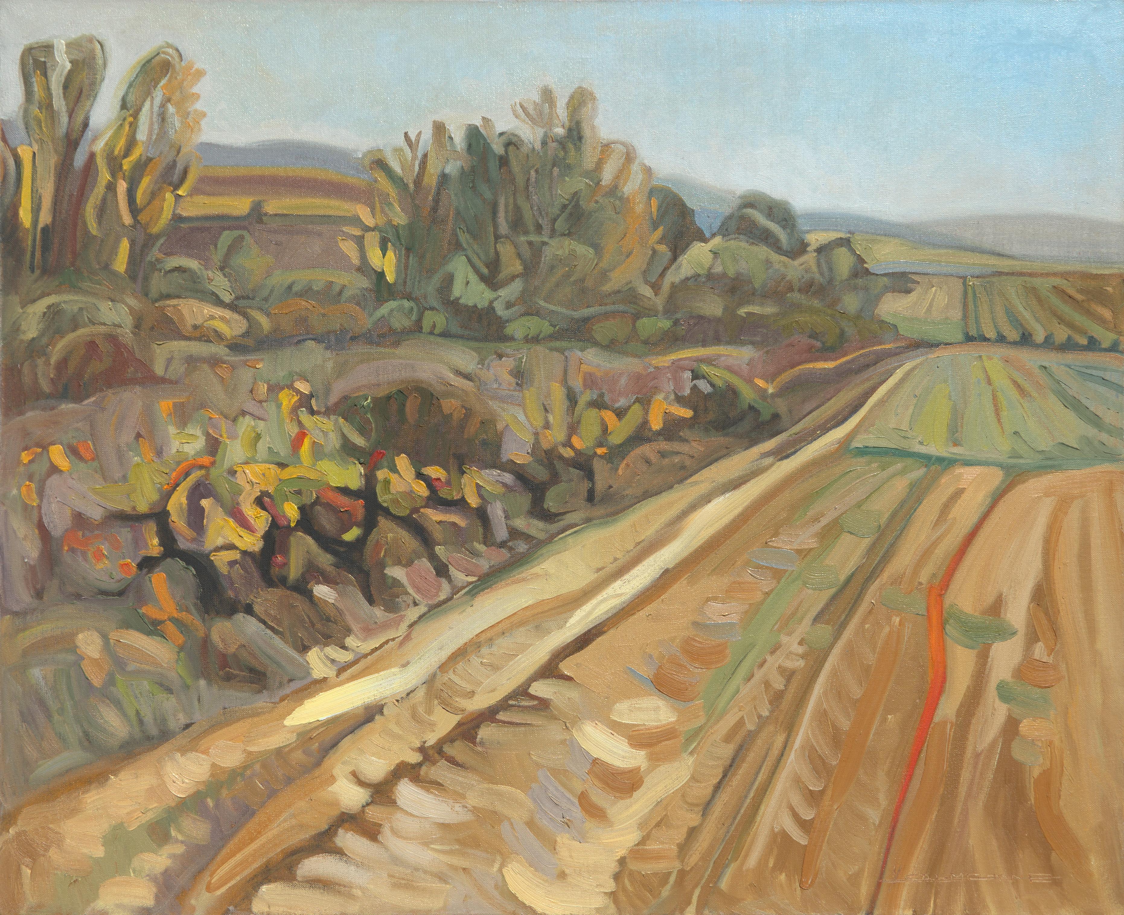 Landscape Painting de Yves Calméjane - "El borde del campo", Pintura al óleo de paisaje rural impresionista