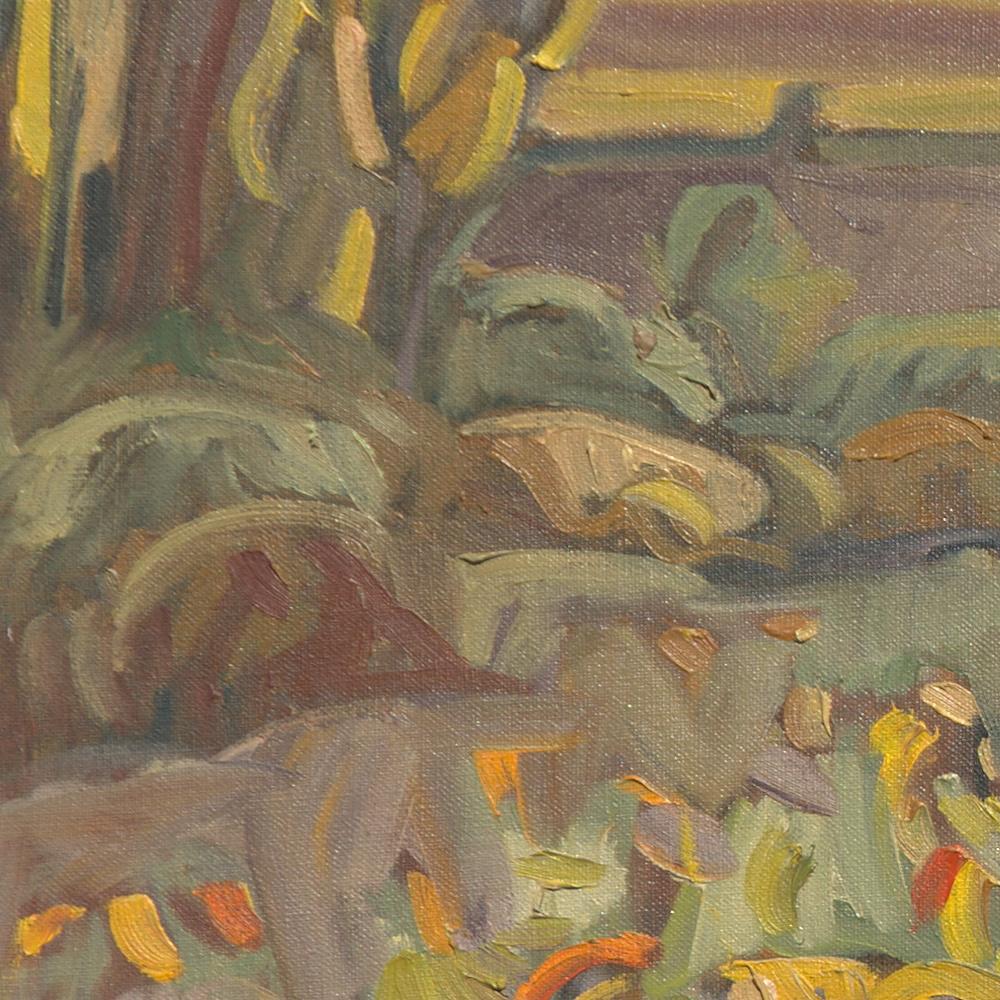 « Le bord du champ », peinture à l'huile impressionniste rurale - Marron Landscape Painting par Yves Calméjane