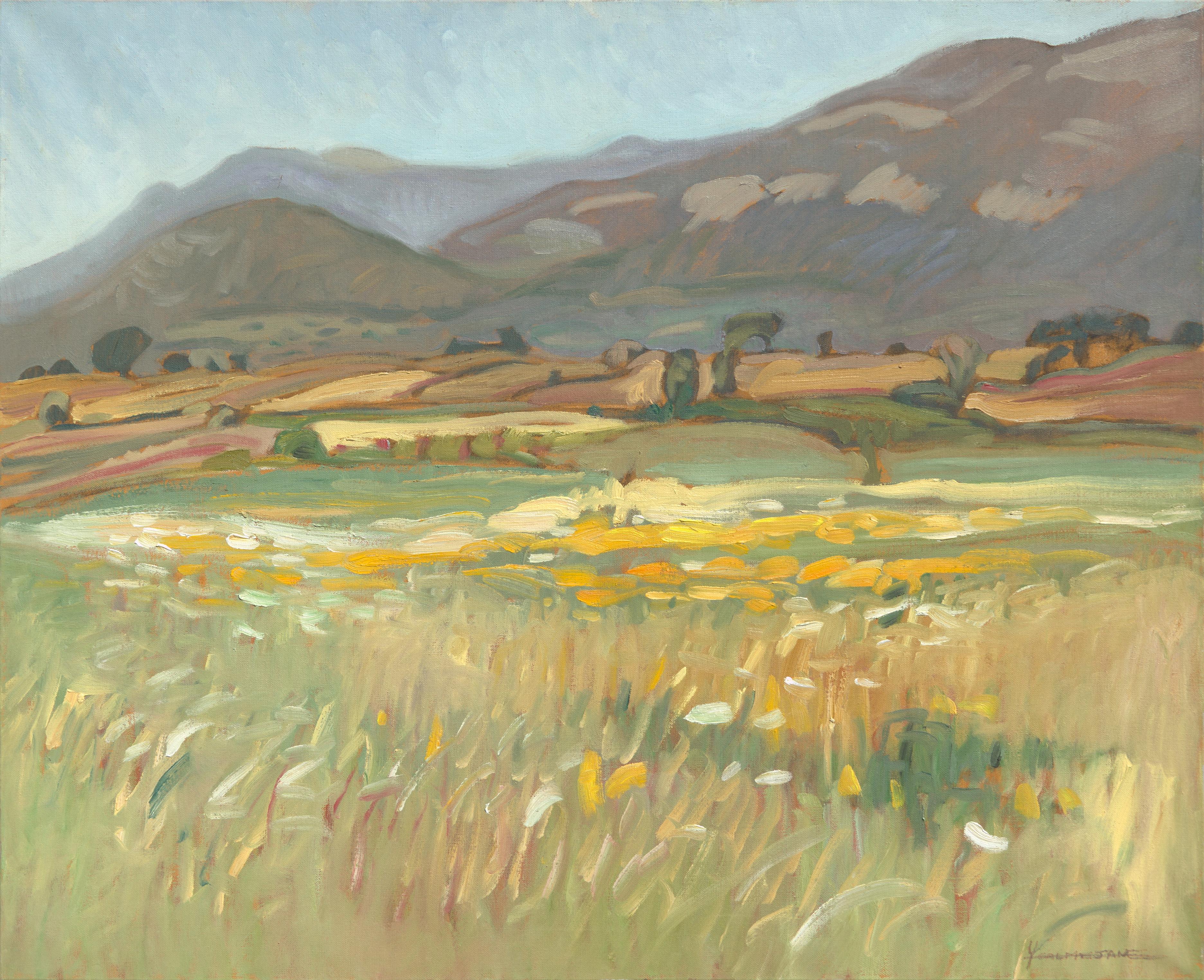 Yves Calméjane Figurative Painting - "The Meadow Beach", Mountainous Rural Impressionist Landscape Oil Painting