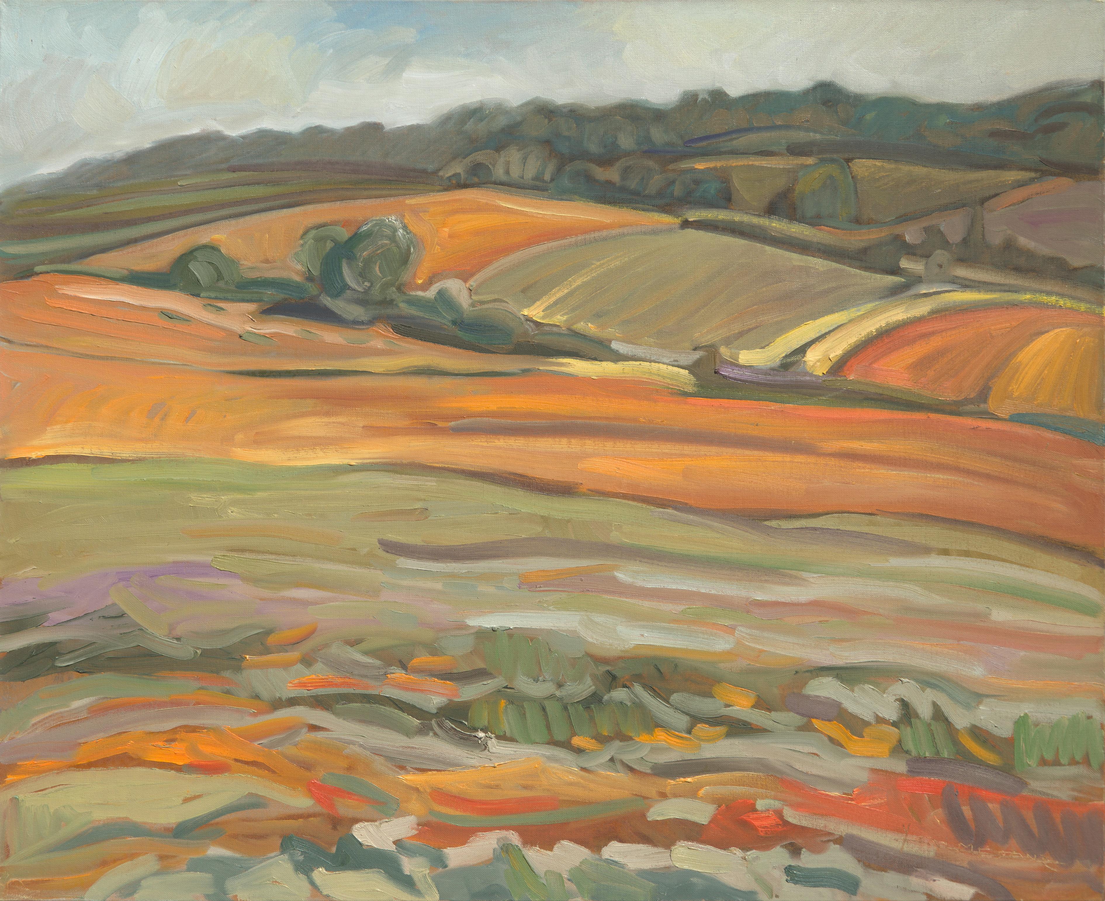 Figurative Painting de Yves Calméjane - "El Suelo Desnudo", Pintura al Óleo Impresionista Paisaje Rural Ocre Cálido