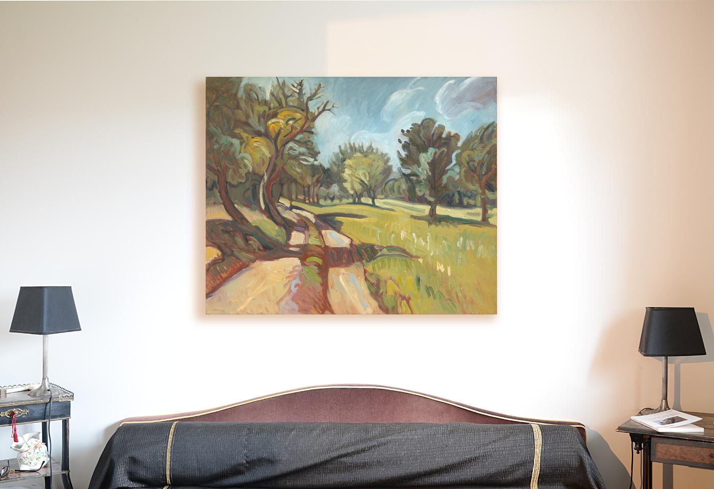 This artwork depicts a rural landscape.

Yves Calméjane usually uses light impasto techniques, with the weft of the canvas often still visible. The reliefs are quite thin, the painting often spread out, with frank touches on some parts of the