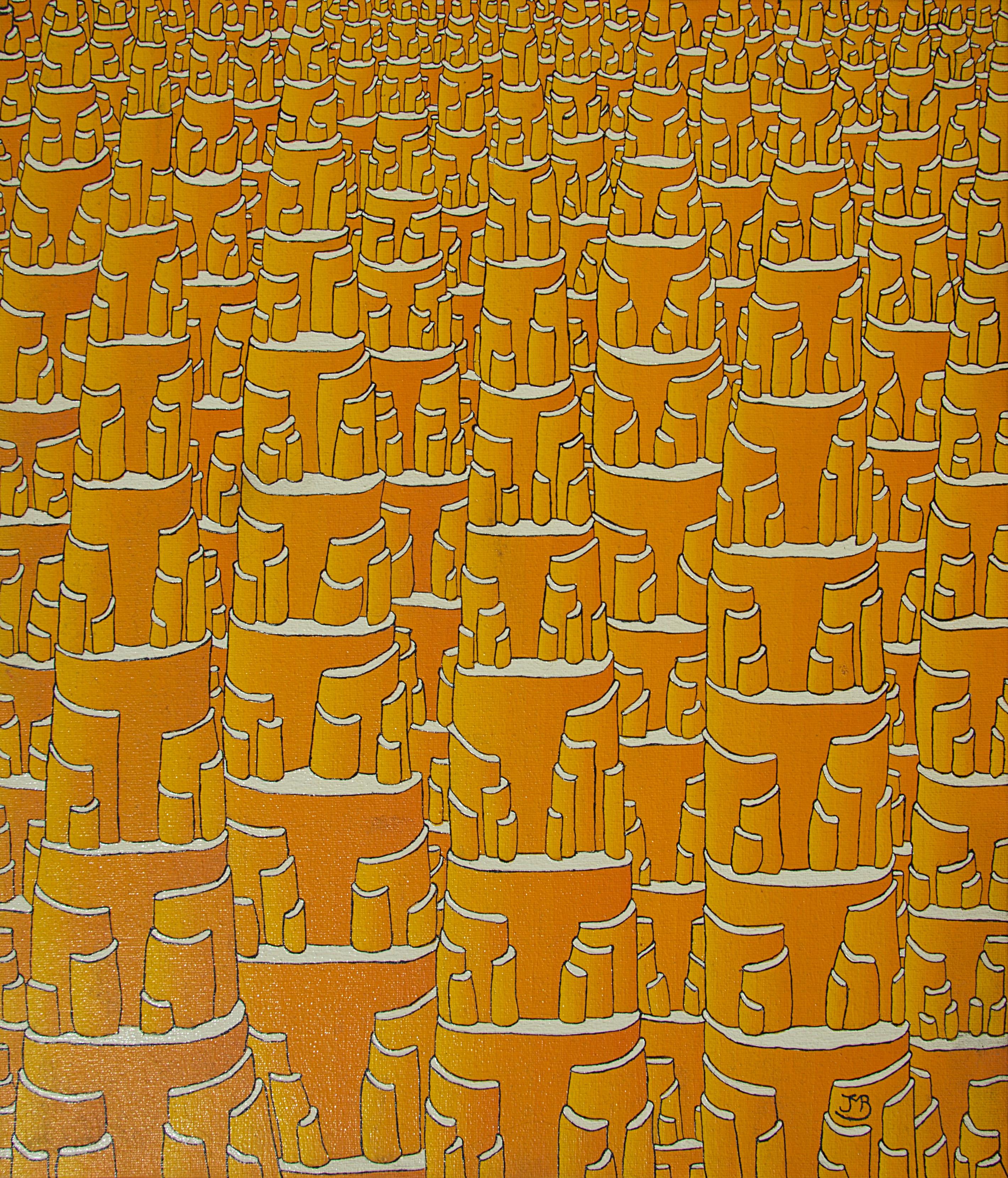 Jean-Marc Boissy Landscape Painting – ""Eldorado", orangefarbenes, fraktale, vertikale Konstruktionen mit Storeys, Ölgemälde