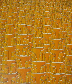 "Eldorado", Orange Fractal-Like Vertical Constructions with Storeys Oil Painting