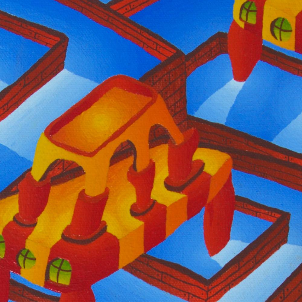 Unzählige Pools und seltsame rote und gelbe Konstruktionen, Ölgemälde (Zeitgenössisch), Painting, von Jean-Marc Boissy