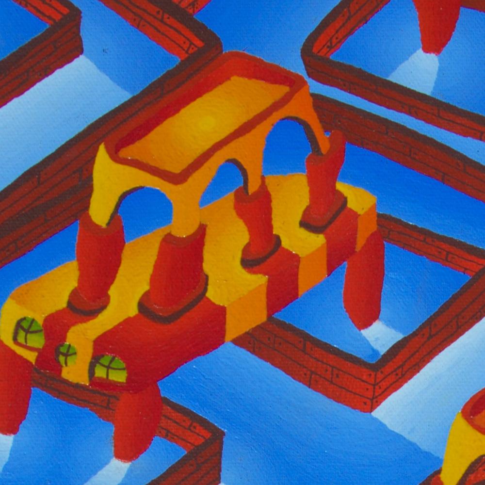 Unzählige Pools und seltsame rote und gelbe Konstruktionen, Ölgemälde (Braun), Landscape Painting, von Jean-Marc Boissy