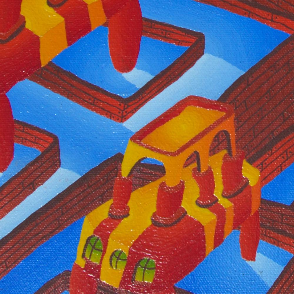 Countless Pools and Strange Red and Yellow Constructions Oil Painting For Sale 1