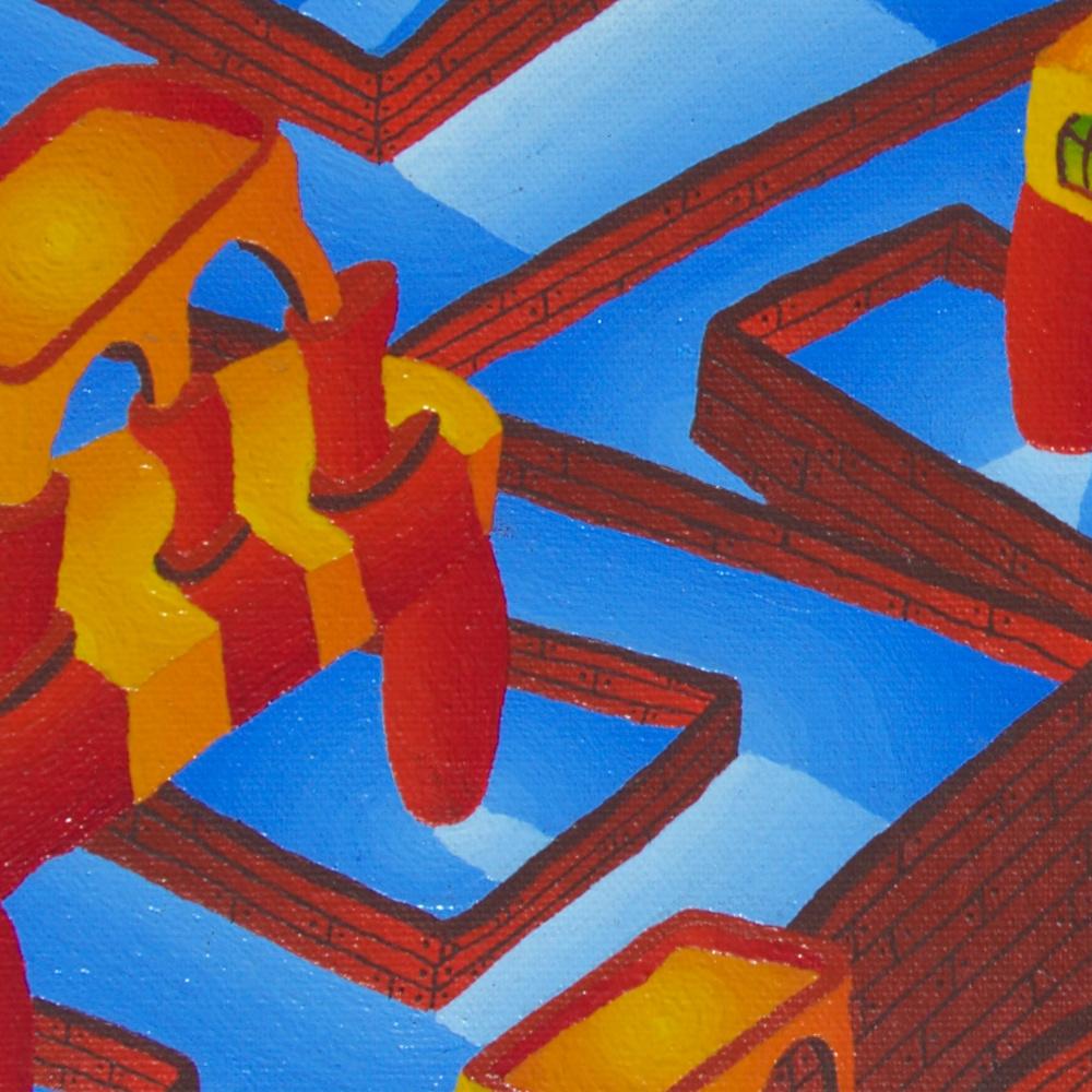Countless Pools and Strange Red and Yellow Constructions Oil Painting For Sale 2