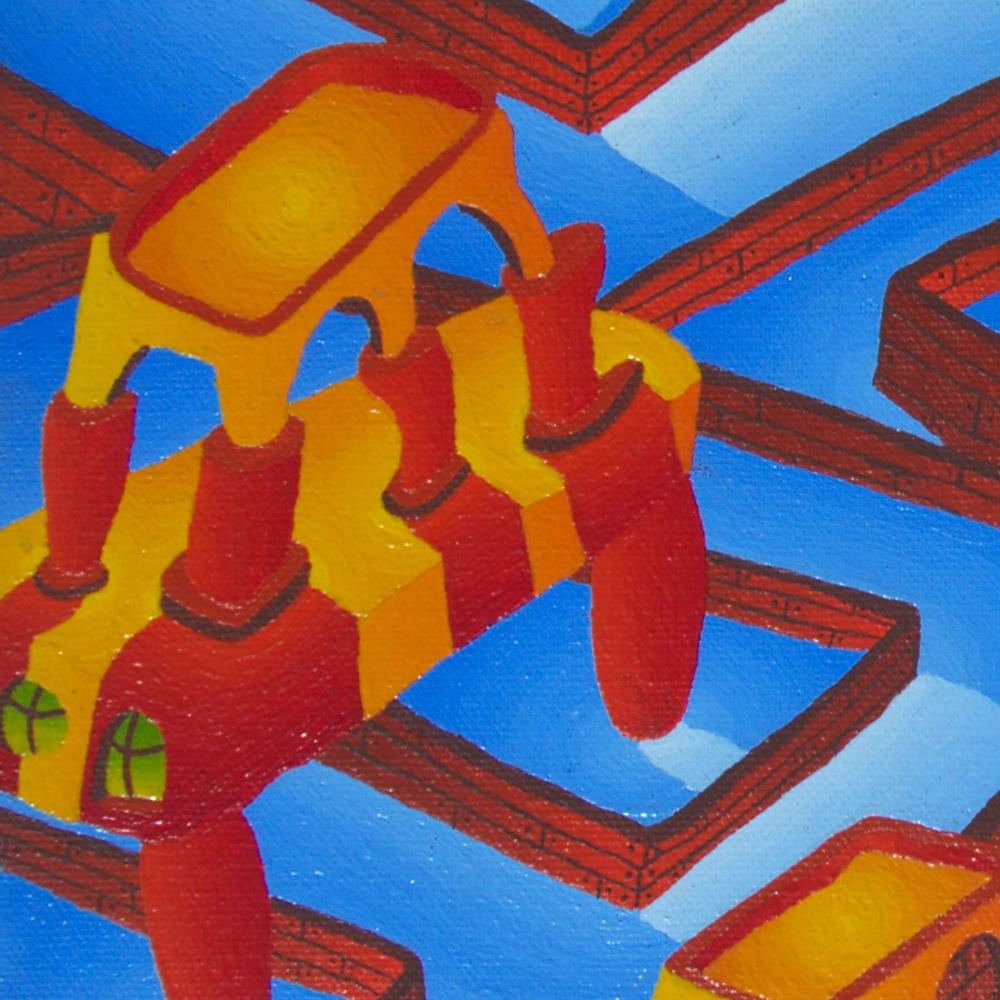 Countless Pools and Strange Red and Yellow Constructions Oil Painting For Sale 3