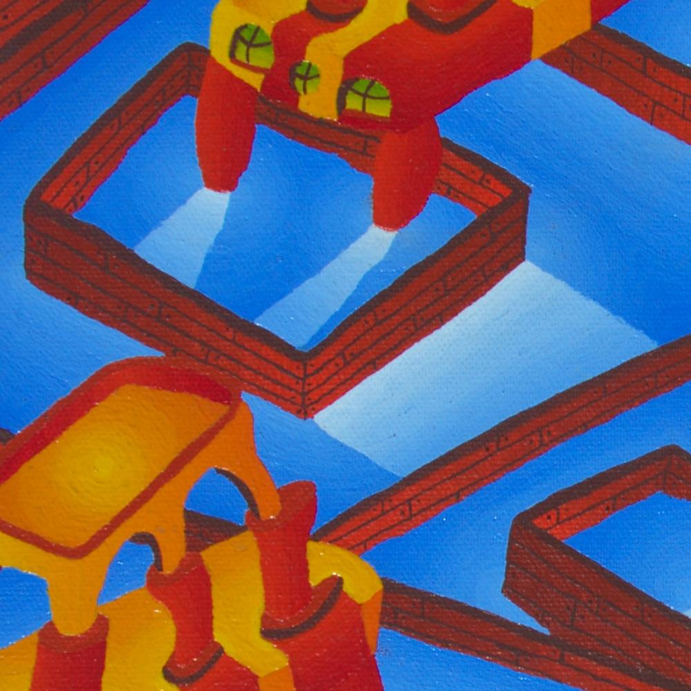 Countless Pools and Strange Red and Yellow Constructions Oil Painting For Sale 4