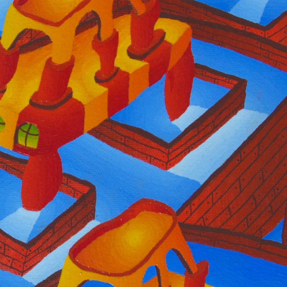 Countless Pools and Strange Red and Yellow Constructions Oil Painting For Sale 6