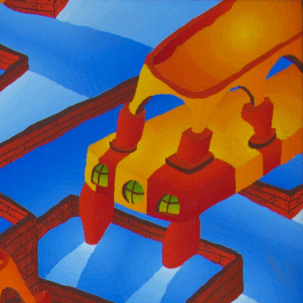 Countless Pools and Strange Red and Yellow Constructions Oil Painting For Sale 7