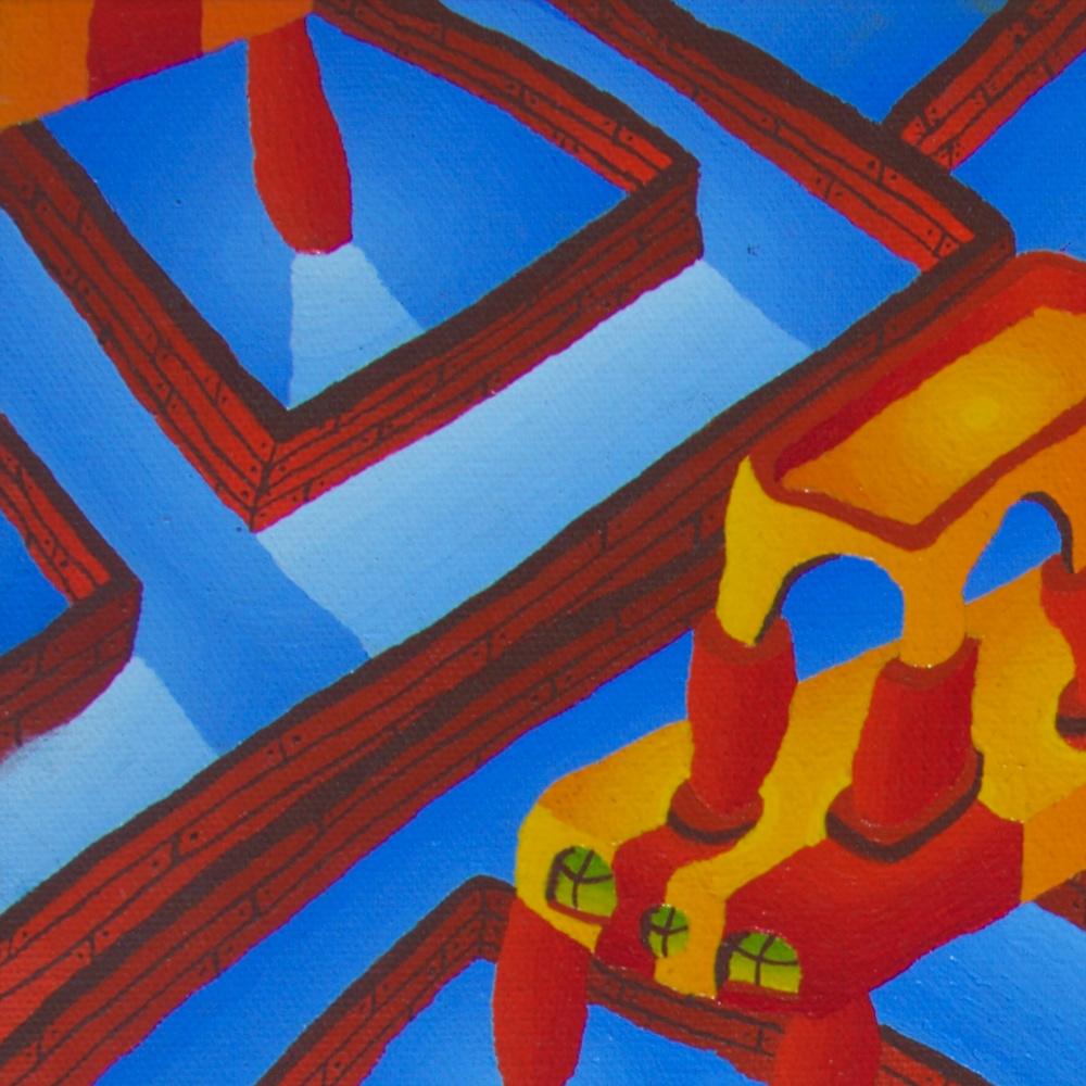 Countless Pools and Strange Red and Yellow Constructions Oil Painting For Sale 8
