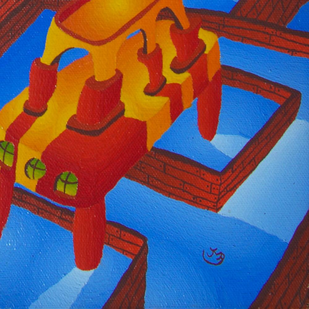 Innumerevoli piscine e strane costruzioni rosse e gialle Pittura ad olio in vendita 11