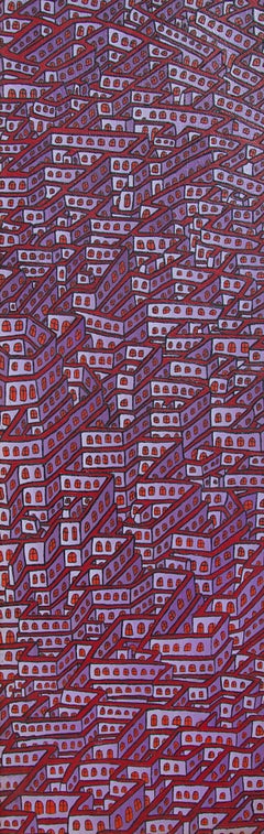 Mauve Maze of Inhabited Walls with Red Windows Vertical Oil Painting