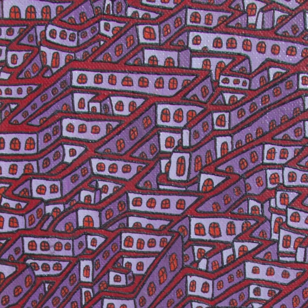 This artwork is another piece of Jean-Marc Boissy's obsession for overcrowded — yet without visible people — cities.  It features a large labyrinth of purple walls covering the whole canvas.  The walls have a red roof and windows, as if the walls