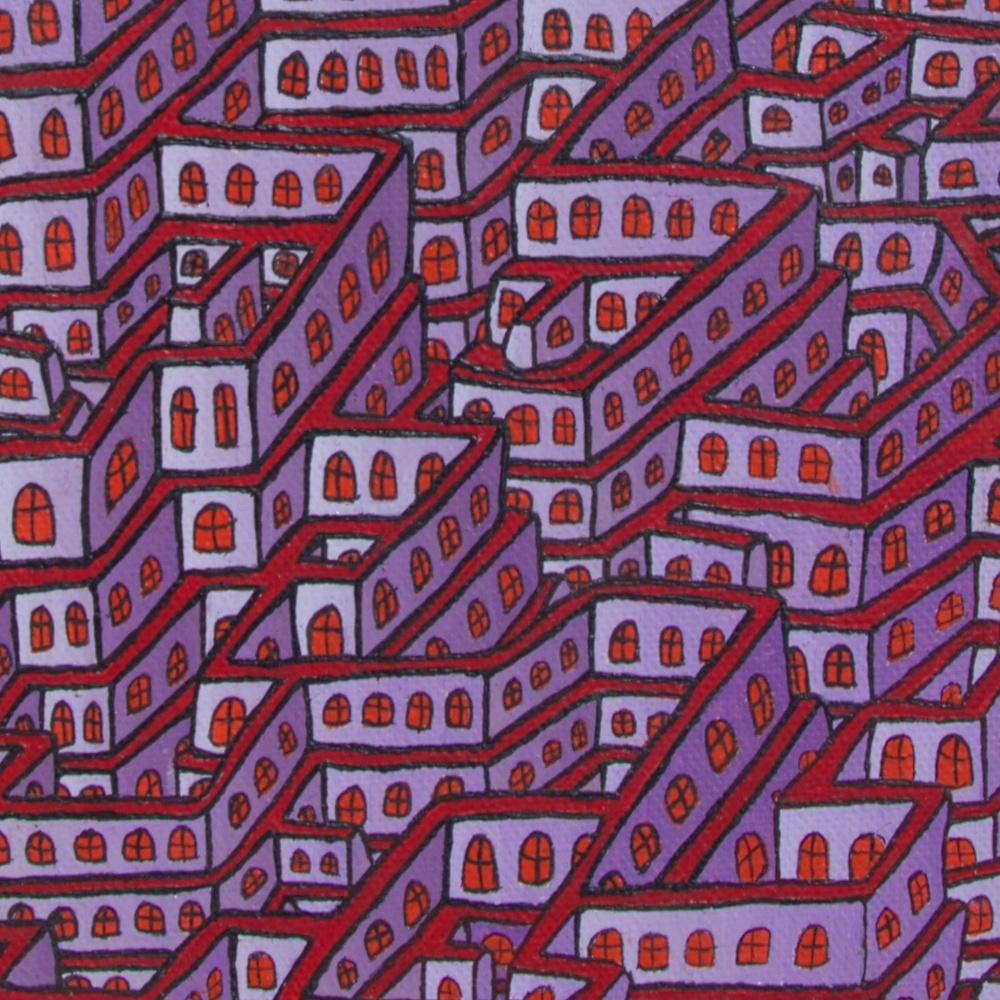 Mauve Maze of Inhabited Walls with Red Windows Vertical Oil Painting 1