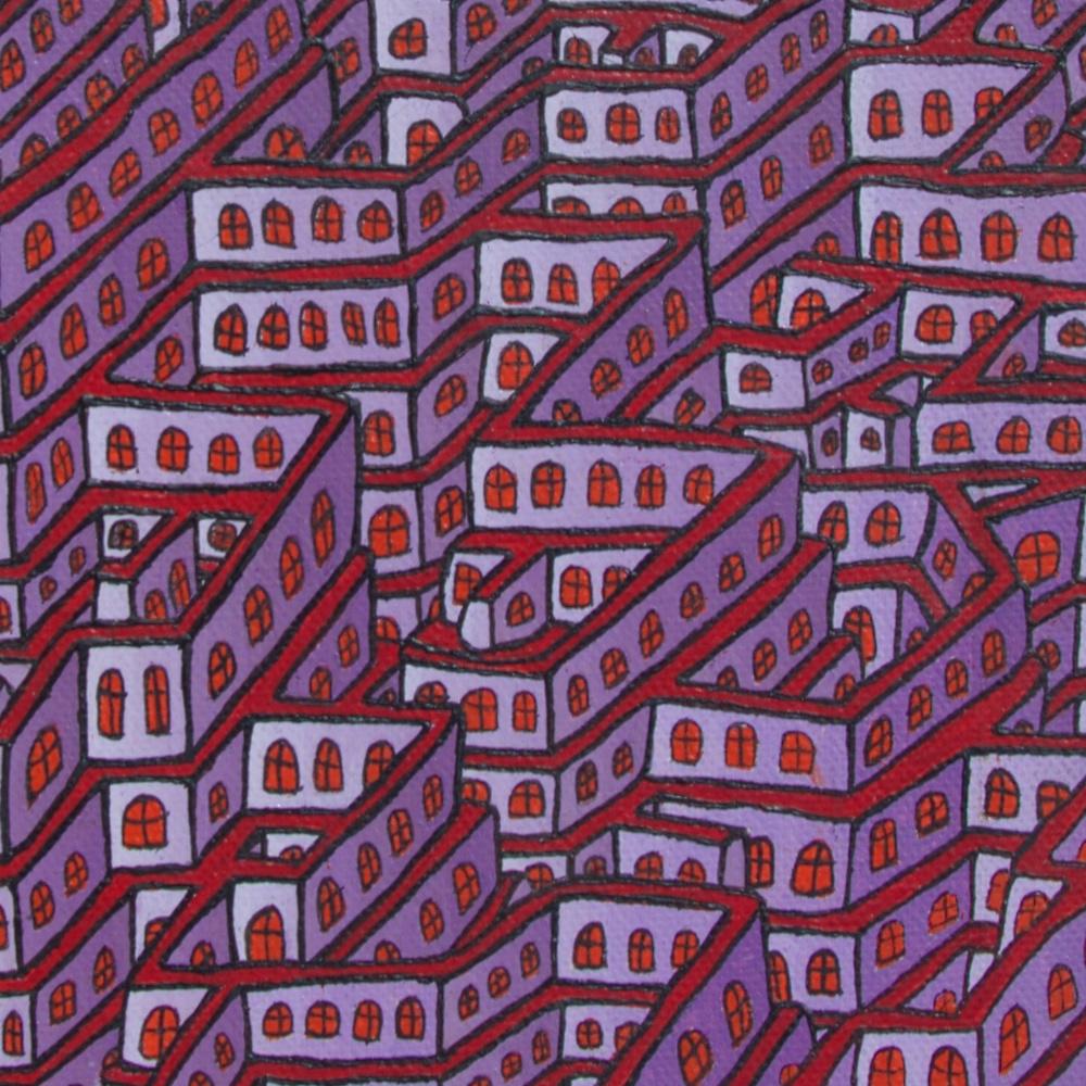 Mauve Maze of Inhabited Walls with Red Windows Vertical Oil Painting 2