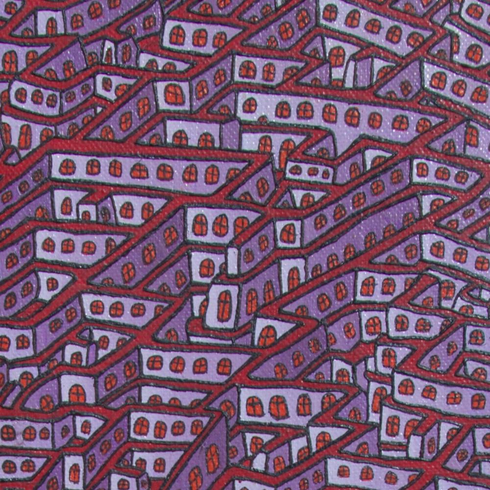 Mauve Maze of Inhabited Walls with Red Windows Vertical Oil Painting 3