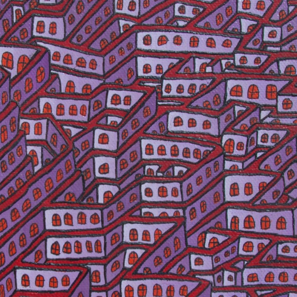 Mauve Maze of Inhabited Walls with Red Windows Vertical Oil Painting 4