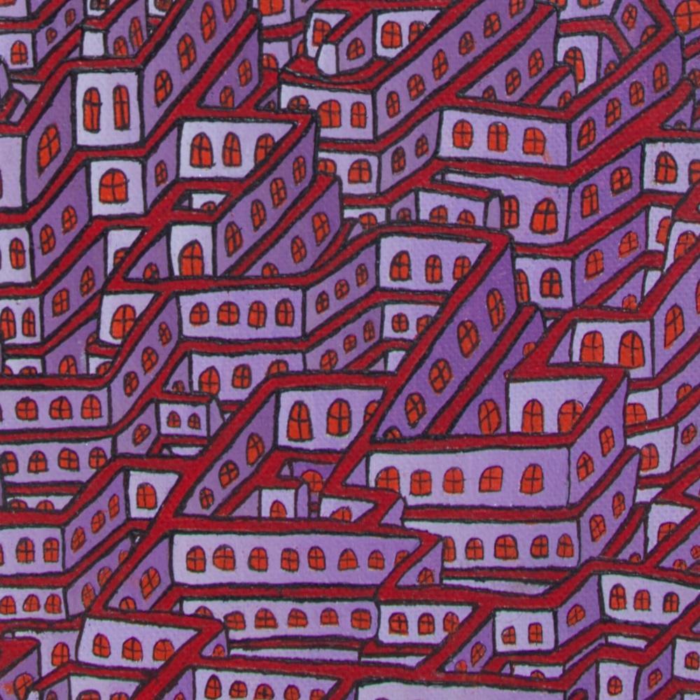 Mauve Maze of Inhabited Walls with Red Windows Vertical Oil Painting 5