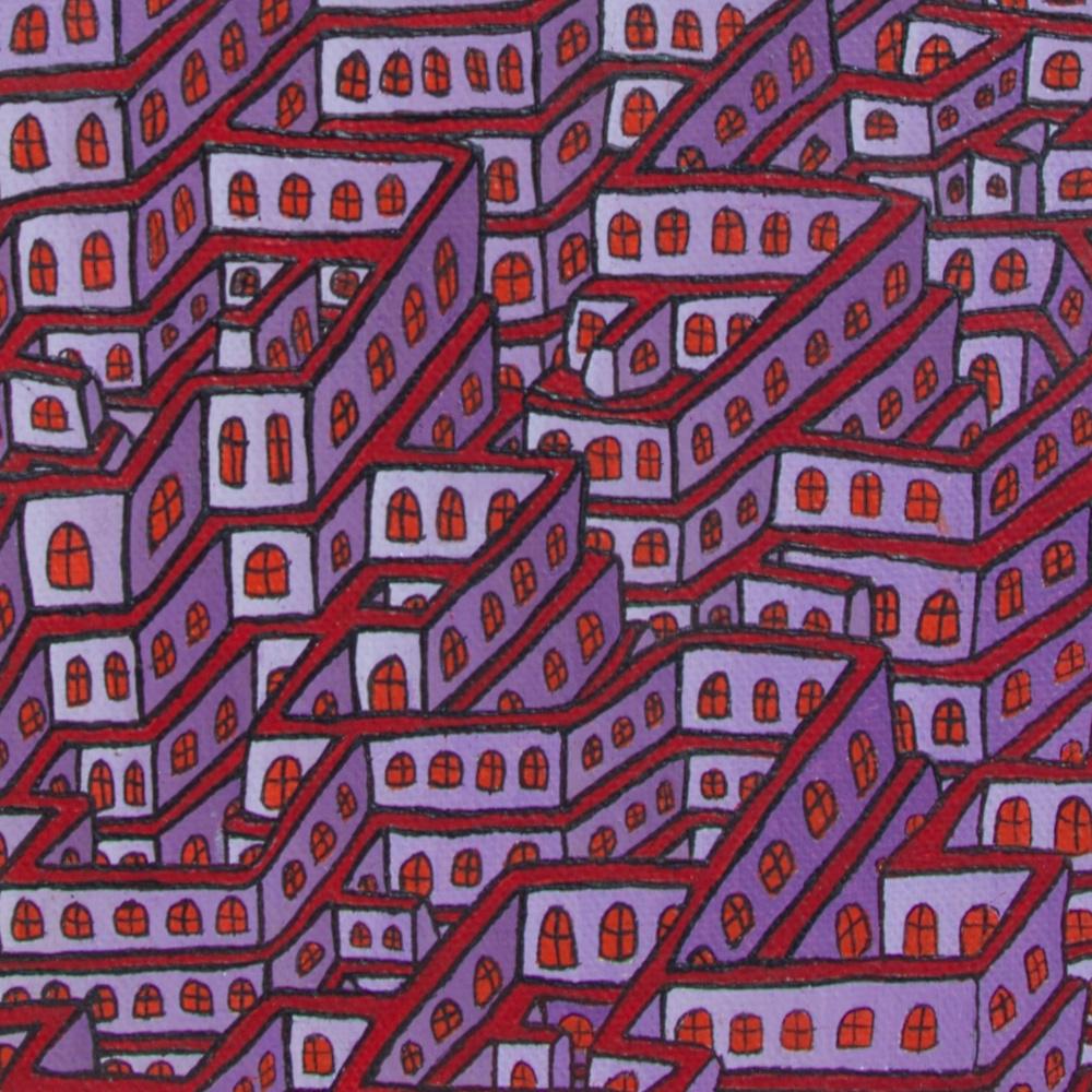 Mauve Maze of Inhabited Walls with Red Windows Vertical Oil Painting 6