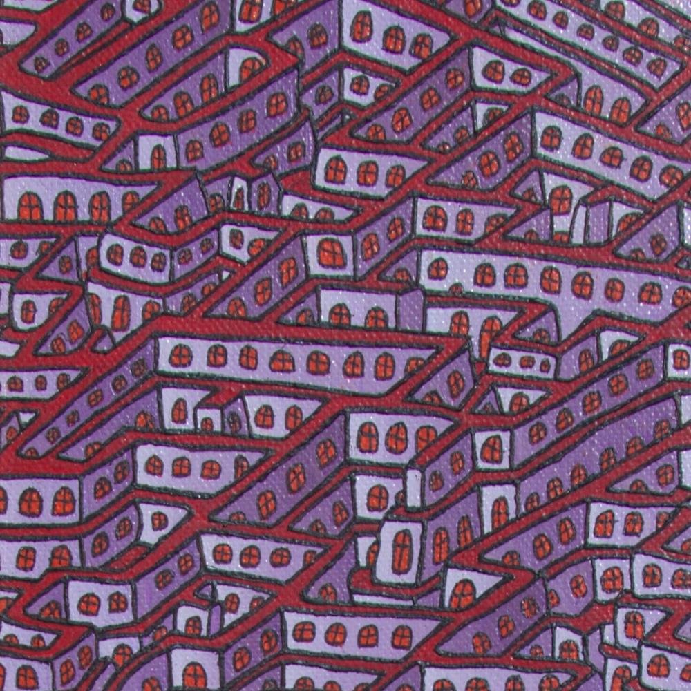 Mauve Maze of Inhabited Walls with Red Windows Vertical Oil Painting 7