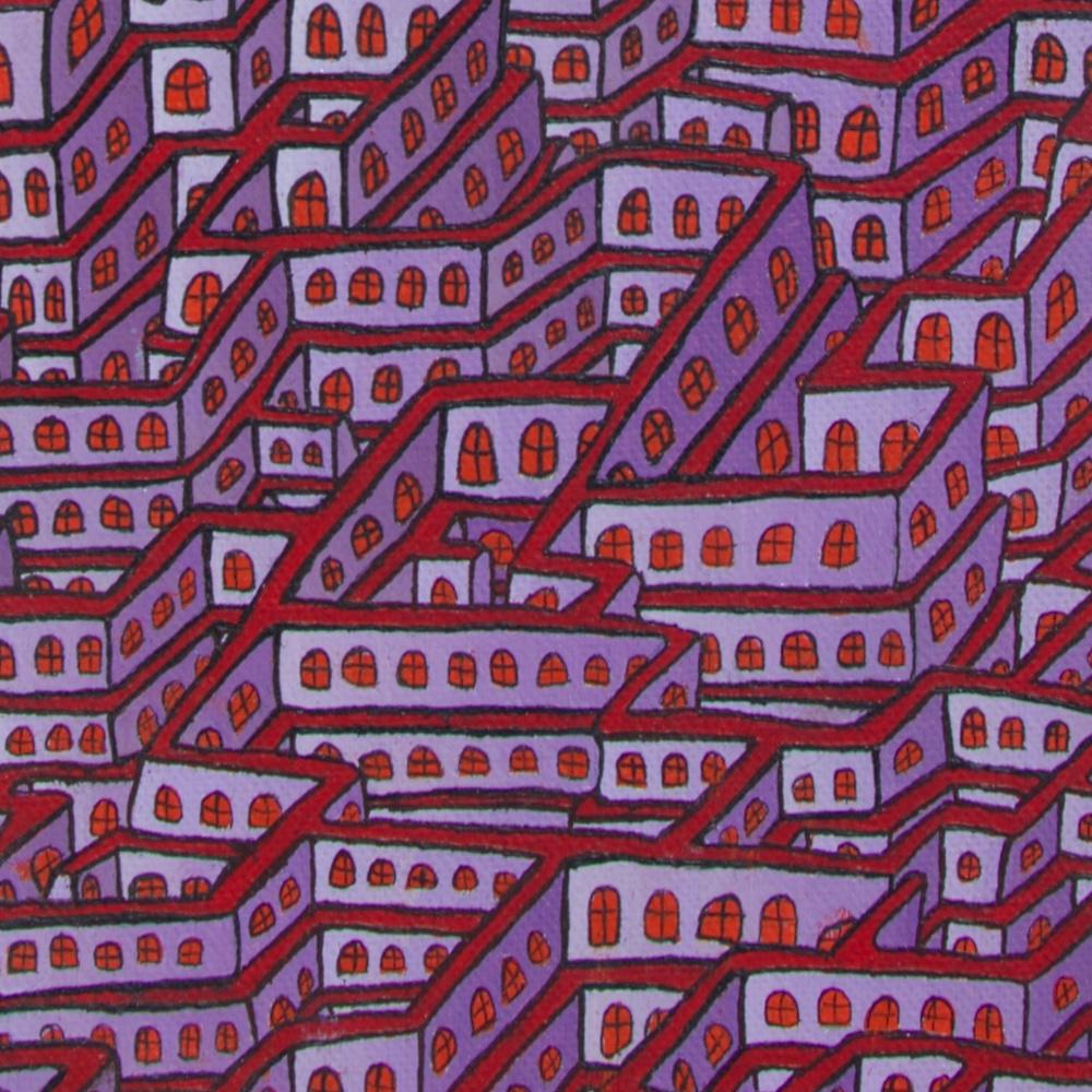 Mauve Maze of Inhabited Walls with Red Windows Vertical Oil Painting 8