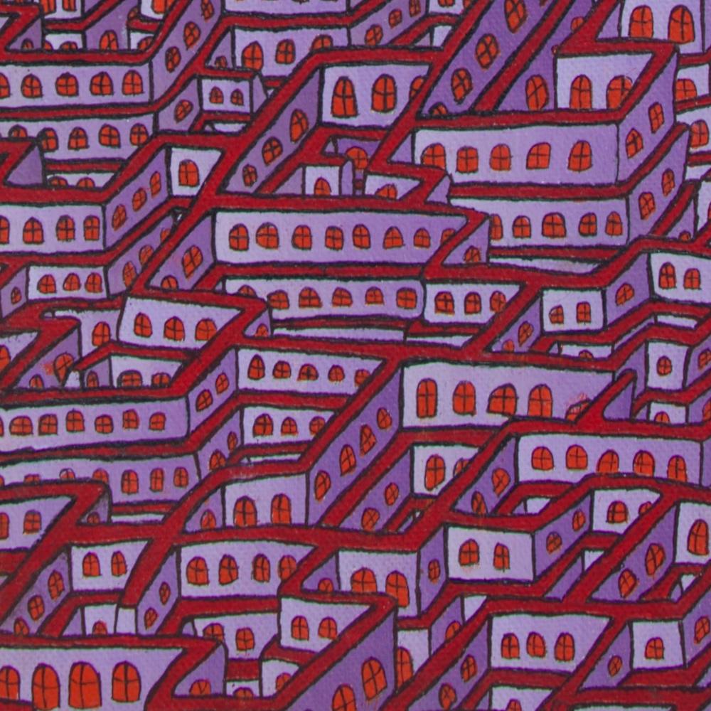 Mauve Maze of Inhabited Walls with Red Windows Vertical Oil Painting 9