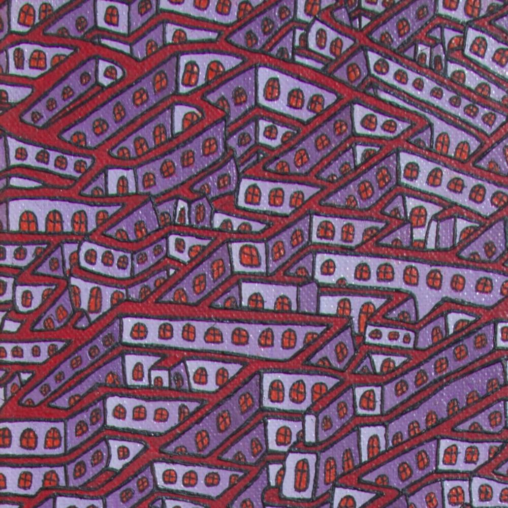 Mauve Maze of Inhabited Walls with Red Windows Vertical Oil Painting 11