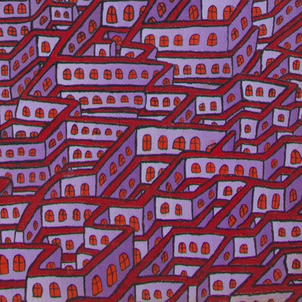 Mauve Maze of Inhabited Walls with Red Windows Vertical Oil Painting 12
