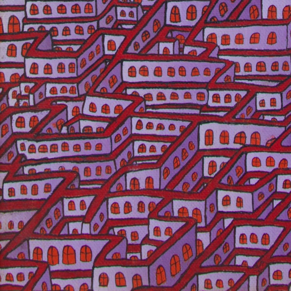 Mauve Maze of Inhabited Walls with Red Windows Vertical Oil Painting 13