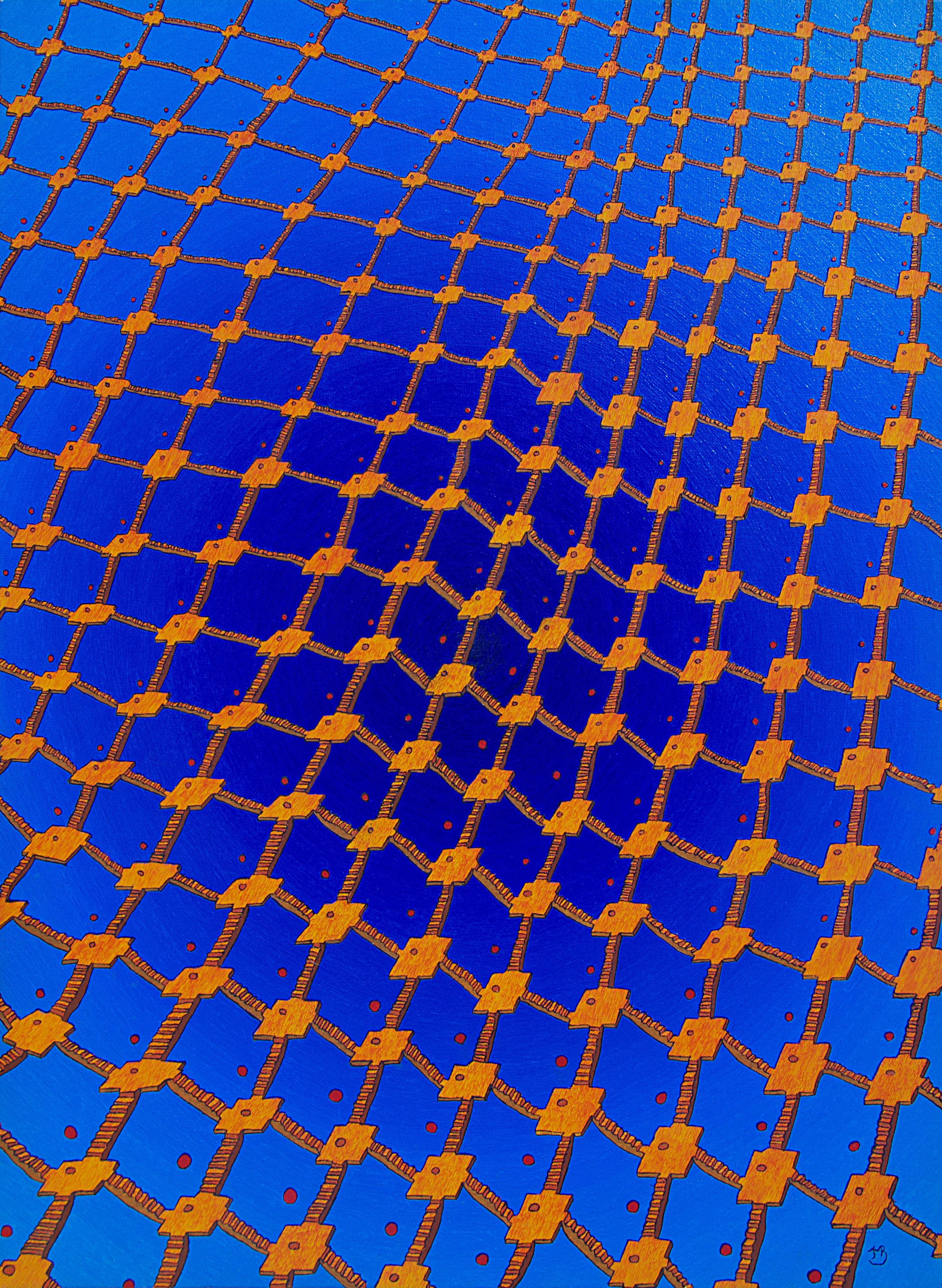 Jean-Marc Boissy Landscape Painting - "Net 2", Net of Orange Stairs on a Dark Blue Radial Gradient Oil Painting