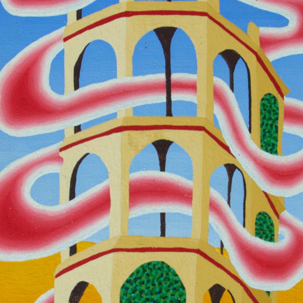 „Renaissance“, drei Pisa-ähnliche Towers mit seltsamem rosa Rauch-Ölgemälde (Orange), Landscape Painting, von Jean-Marc Boissy