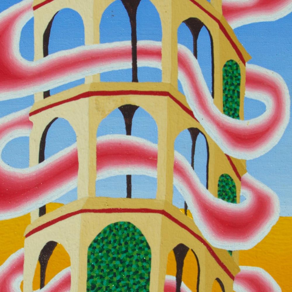 „Renaissance“, drei Pisa-ähnliche Towers mit seltsamem rosa Rauch-Ölgemälde im Angebot 1