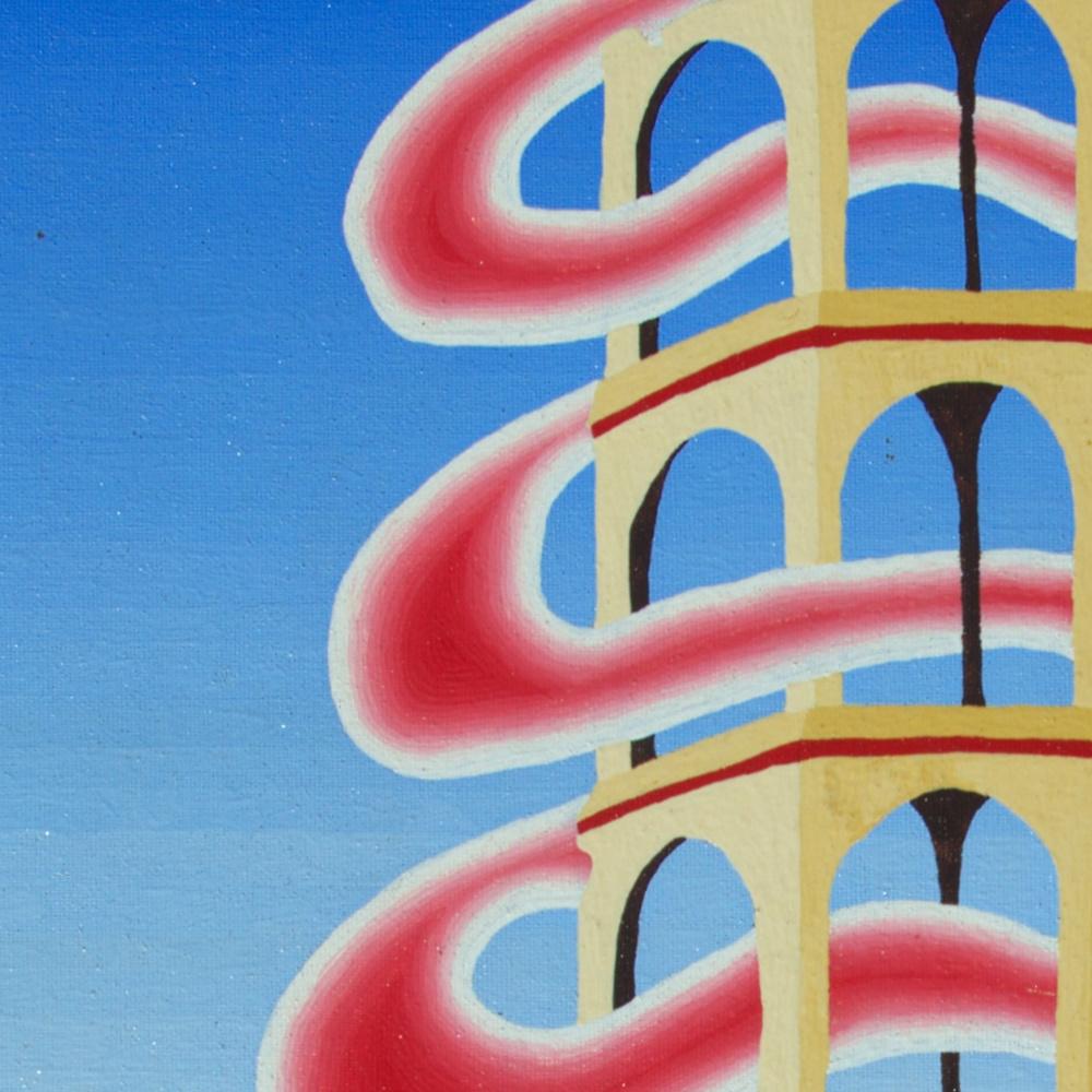 „Renaissance“, drei Pisa-ähnliche Towers mit seltsamem rosa Rauch-Ölgemälde im Angebot 4