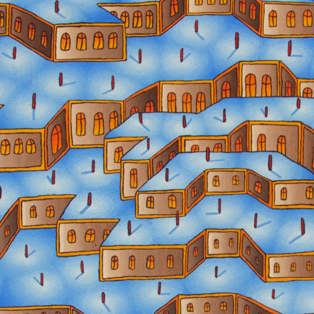 This artwork depicts a large terrace construction.  Each terrace floor is white-blue, and walls are brown with orange arched windows, as if lit from inside.  The 